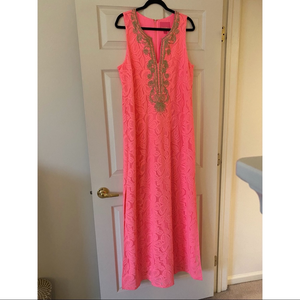 Neon coral and gold Lilly Pulitzer dress